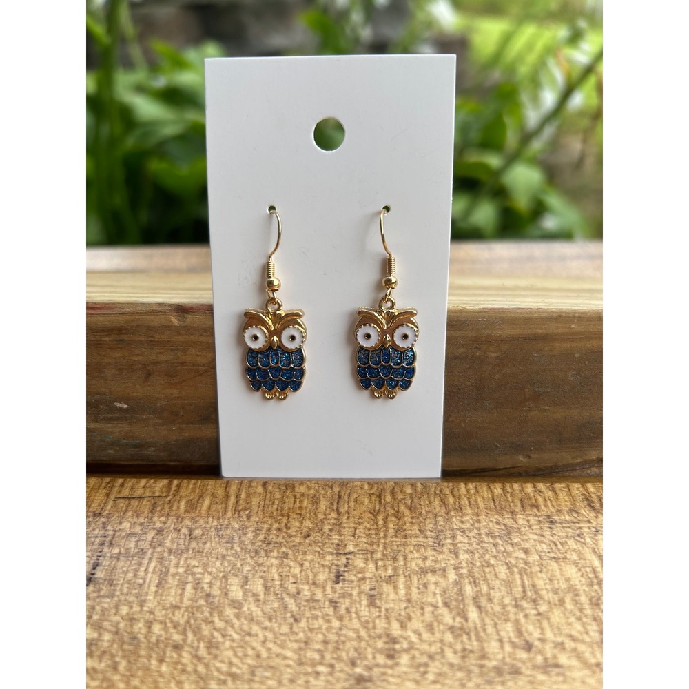 Owl Dangle Earrings Blue Gold New Enamel Whimsical Hoot! Boho Retro Quirky - Picture 6 of 6